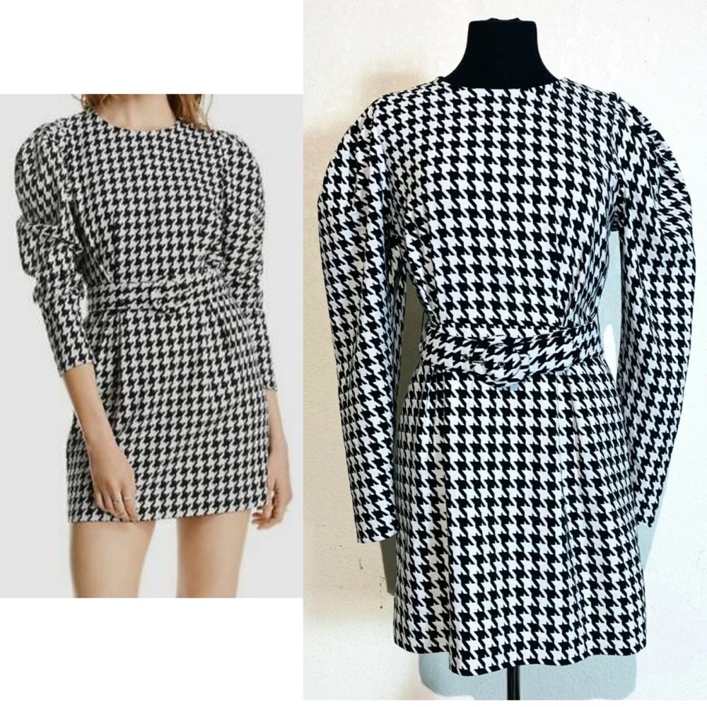 LINI Women's Black White Riley Puff-Sleeve Houndstooth Belted Mini Dress L